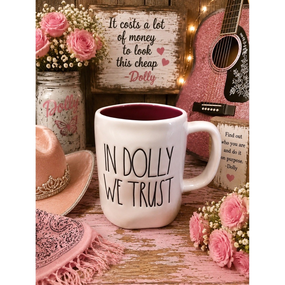 Rae Dunn IN DOLLY WE TRUST Mug HTF Collectible Burgundy Interior Dolly Parton